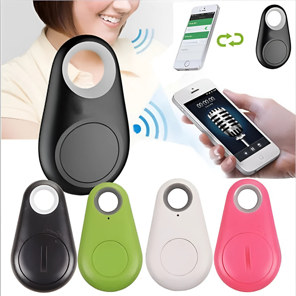 Water Drop Bluetooth anti lost tracker in black, 3.1x5.2x1.2 cm, with button and LED indicator