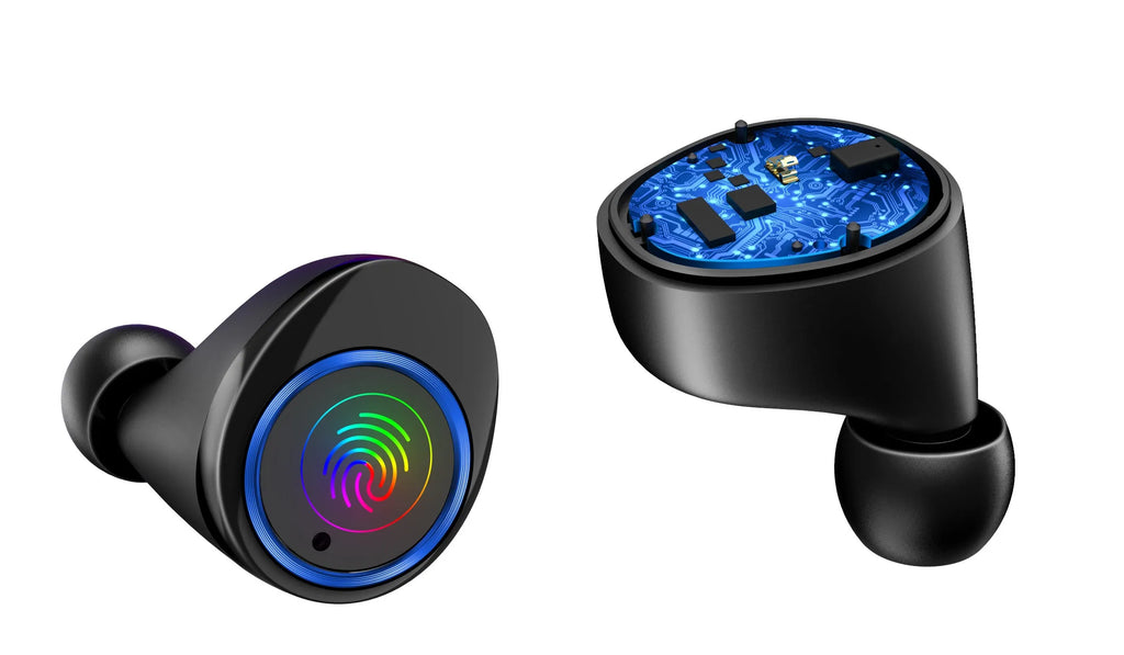 Black X11 Bluetooth wireless earbuds with touch controls and charging case with optional wireless charging