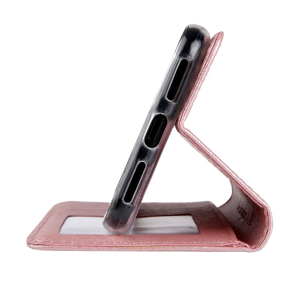 Black PU leather flip-style iPhone case open to show interior card slots and phone.