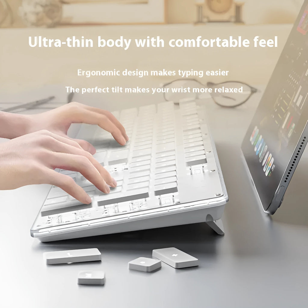 Wired mechanical feel keyboard with silent buttons showing LED lighting options and ABS construction