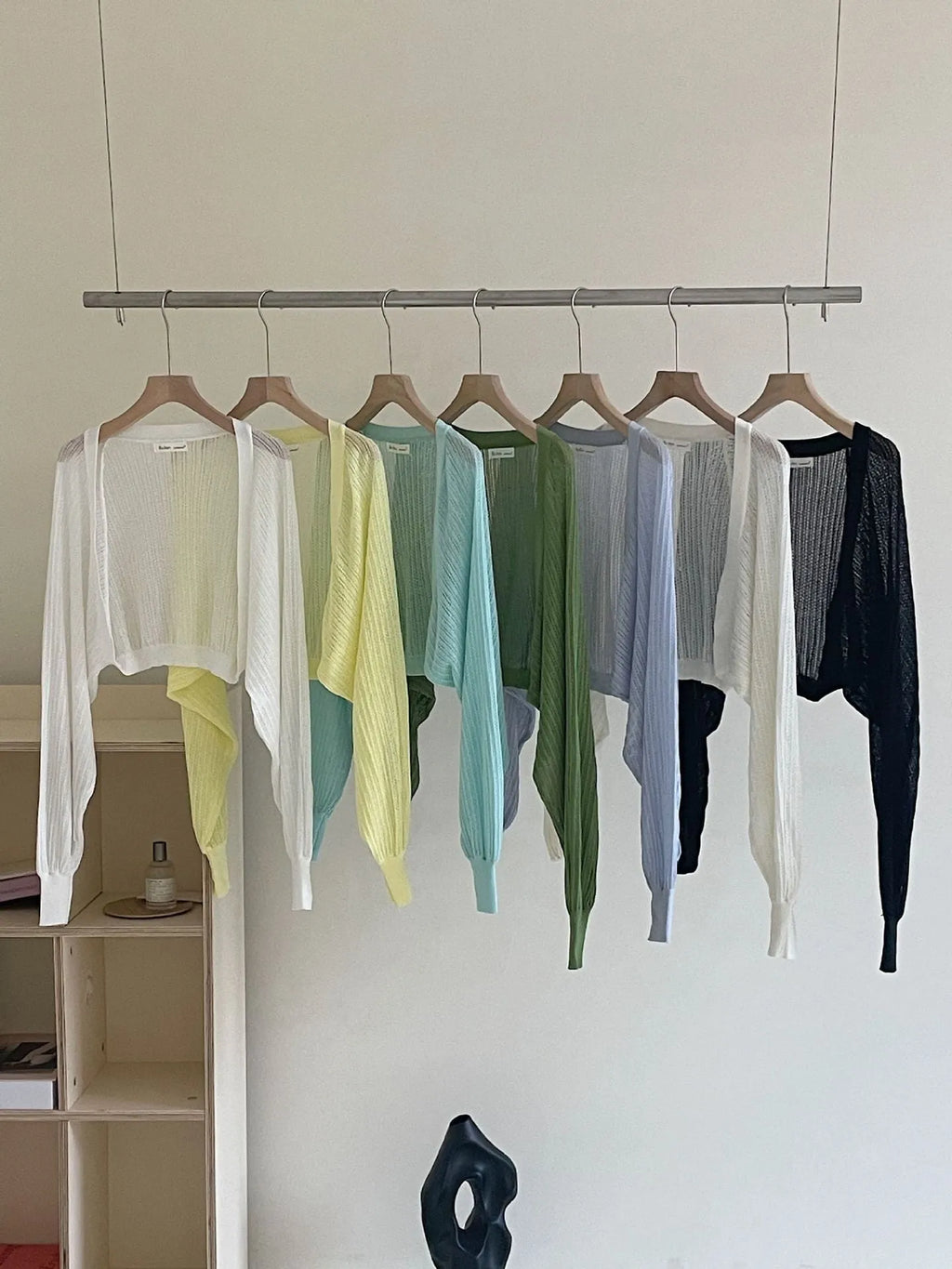 Hollow-out design blouse with lantern sleeves in polyester linen blend fabric