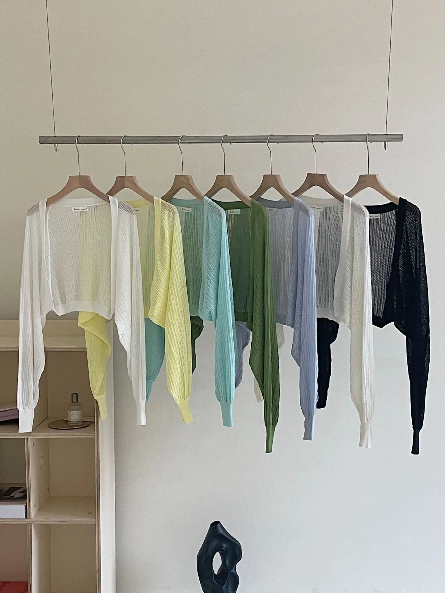 Hollow-out design blouse with lantern sleeves in polyester linen blend fabric
