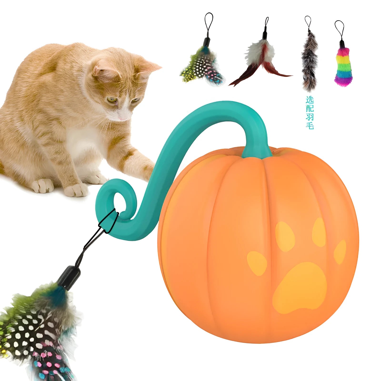 Electric cat toy ball with LED light in watermelon design showing automatic movement pattern