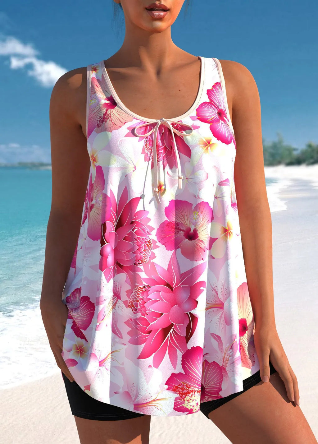 Pink floral printed plus size tankini swimsuit with high-waisted briefs