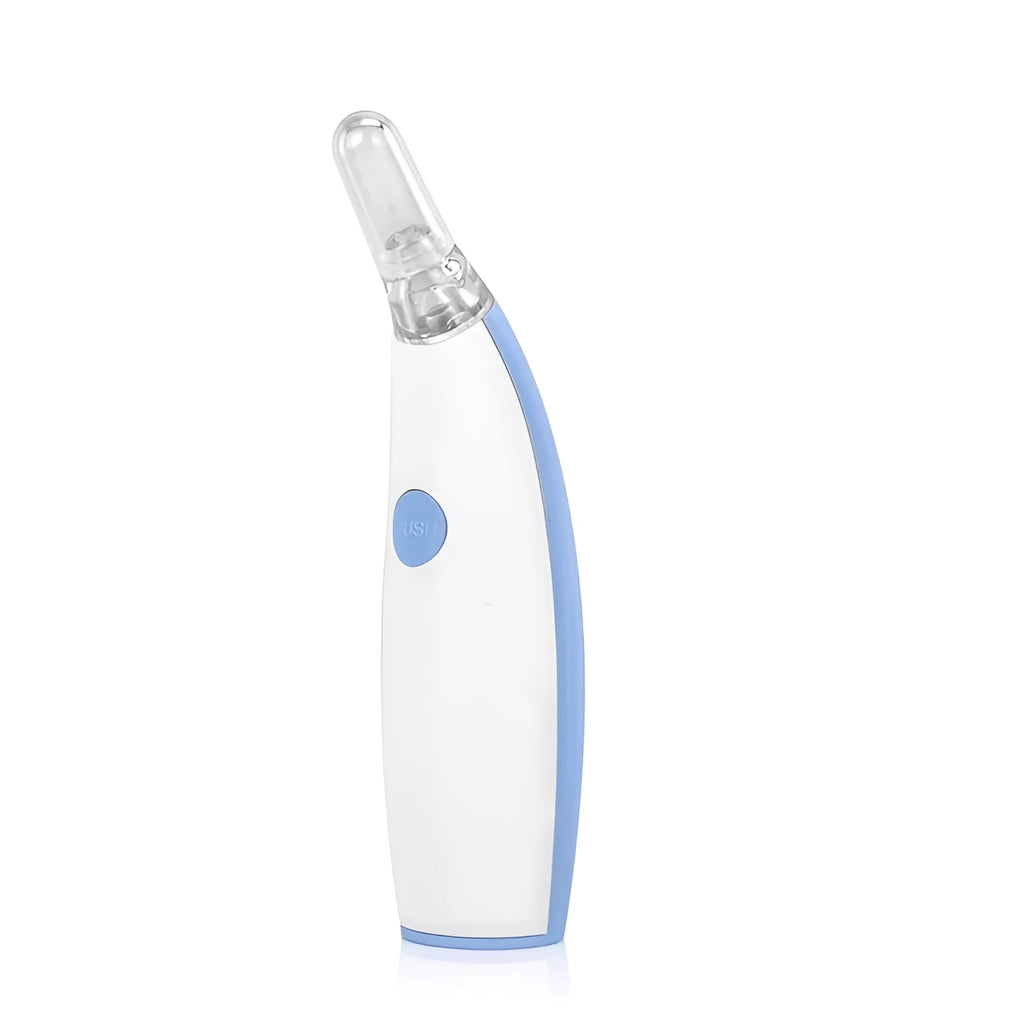 Rotating earwax vacuum cleaner with silicone spiral head, large blue handle, and LED light on display