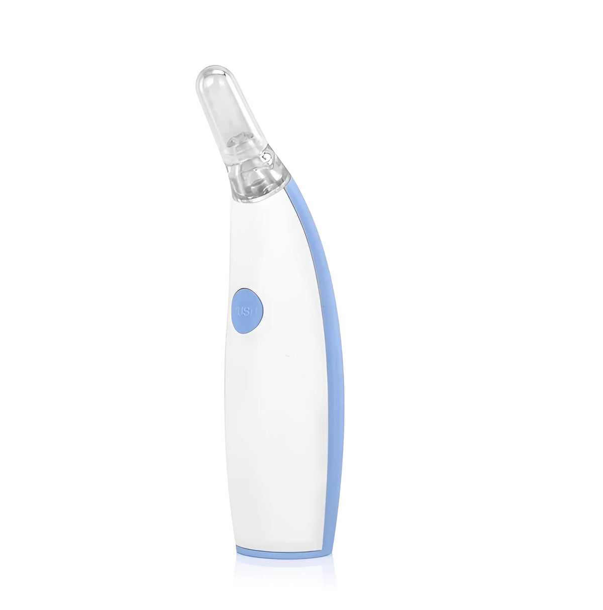 Rotating earwax vacuum cleaner with silicone spiral head, large blue handle, and LED light on display