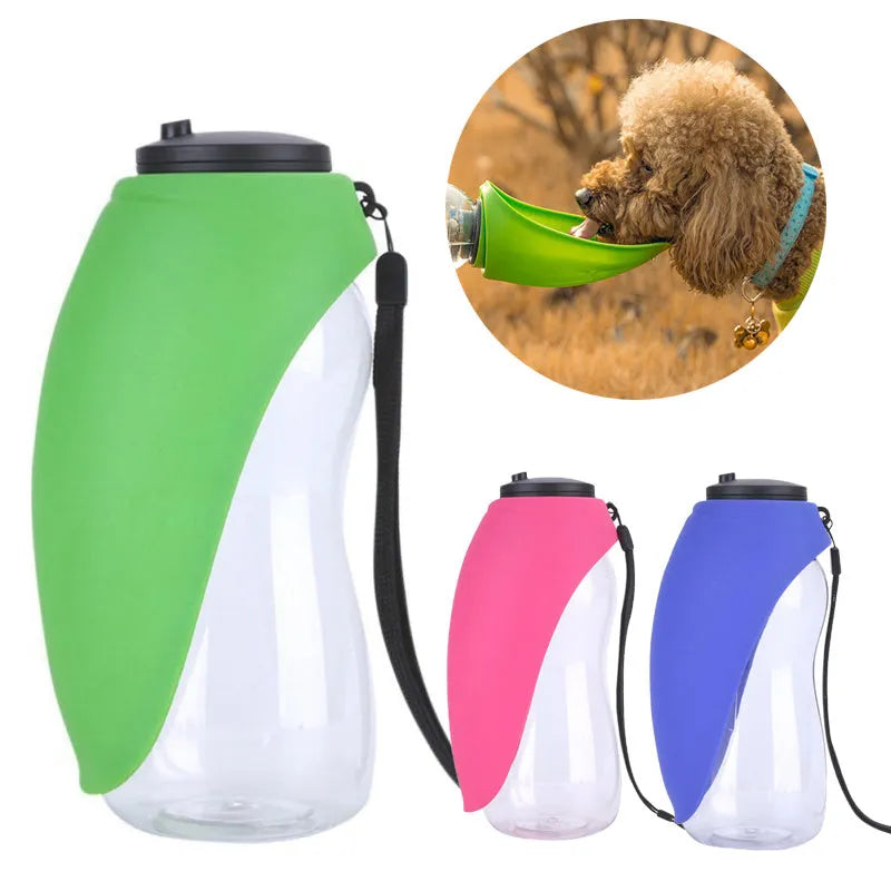 Portable blue dog water bottle with drinking bowl showing 680ml capacity and leak-proof design