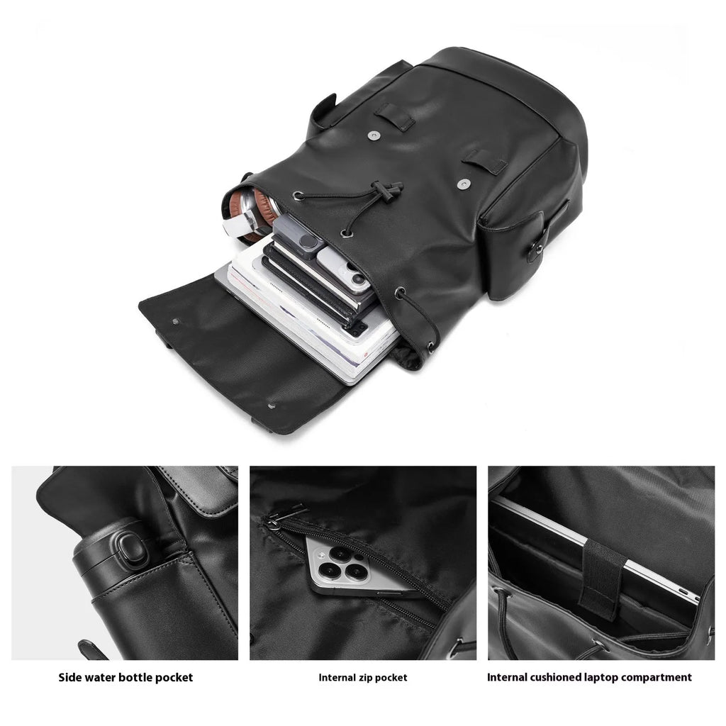 Men's black PU leather backpack with waterproof function, polyester lining and 20-35L capacity
