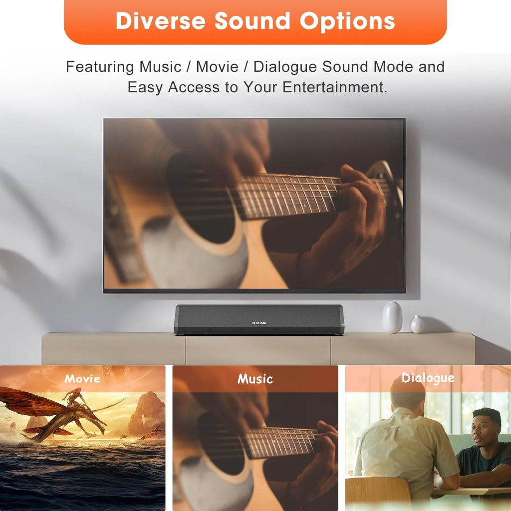Black small wholesale echo wall soundbar bar TV speaker with 40W power and HDMI inputs, dimensions 420mm x 109mm x 72mm