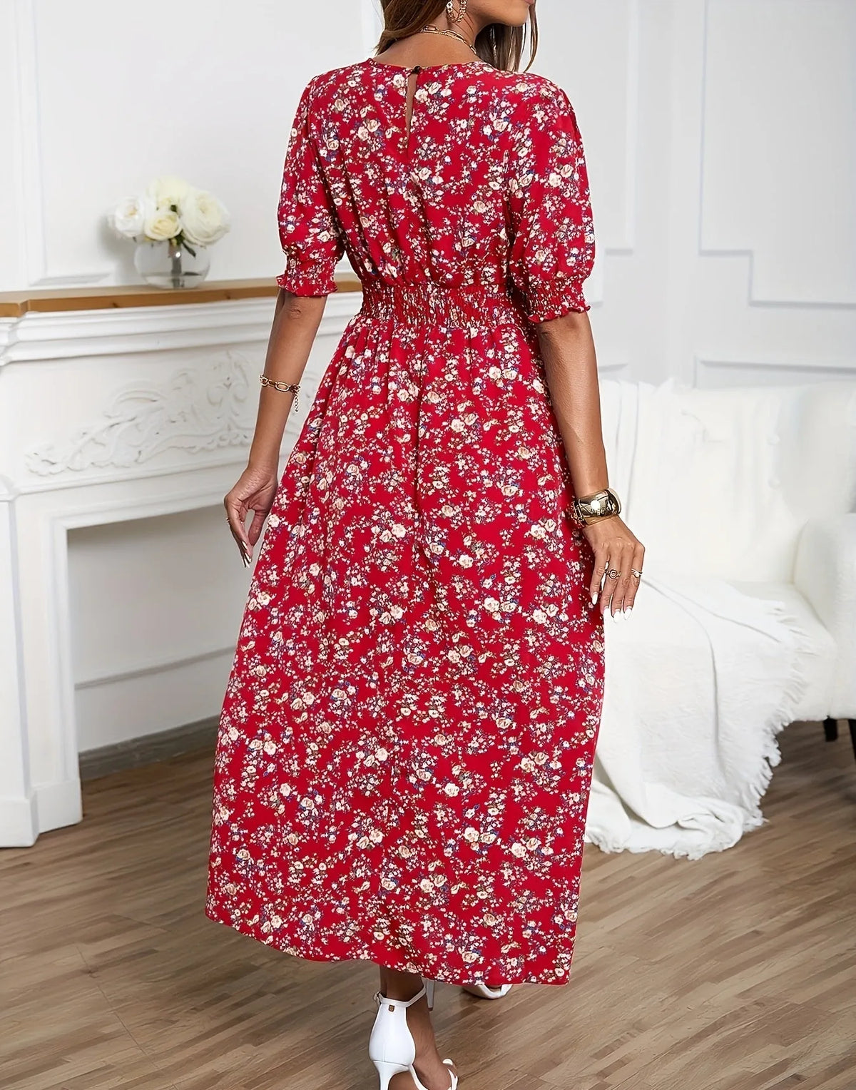 Women's floral print dress with elastic waist, high waist long skirt, short bubble sleeves, camisole style, polyester