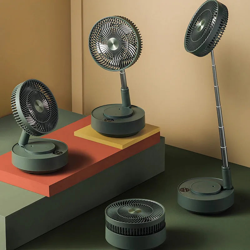 Green telescopic floor-standing electric fan with remote control in extended position