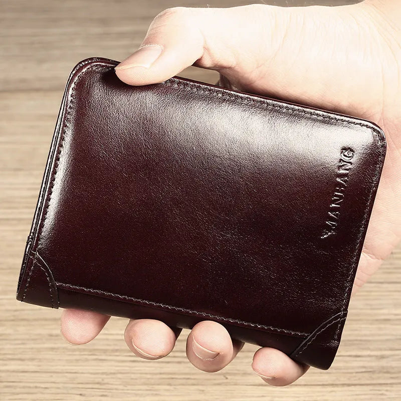 Men's black leather wallet showing multiple card slots, coin pocket, and document section