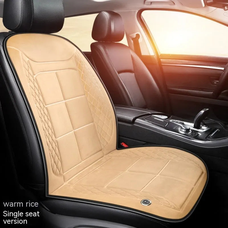 Car seat heating cushion in beige colour on a vehicle seat, showcasing its auto heating function and cotton filler.