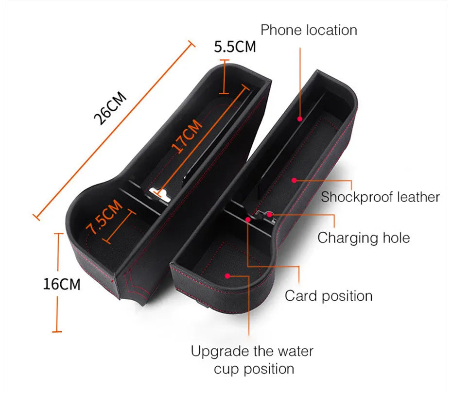 Car storage box in leather and plastic, shown in beige, black, brown, or red with left, right, or one pair options