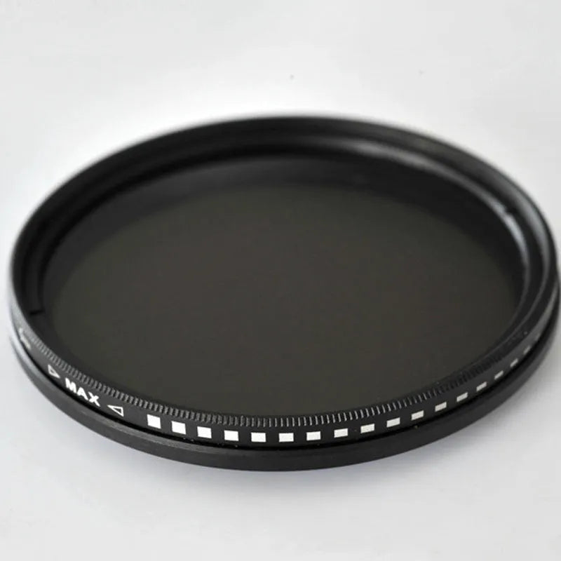 Variable neutral density camera lens filter with multi-diameter thread sizes from 37mm to 95mm for ND2-ND400 light control.