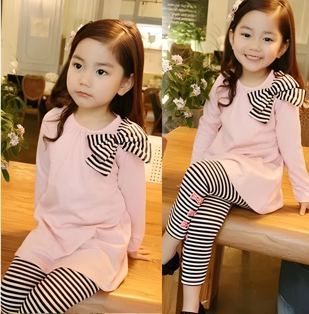 Girls pink cotton clothing set showing coordinated pieces available in four size options
