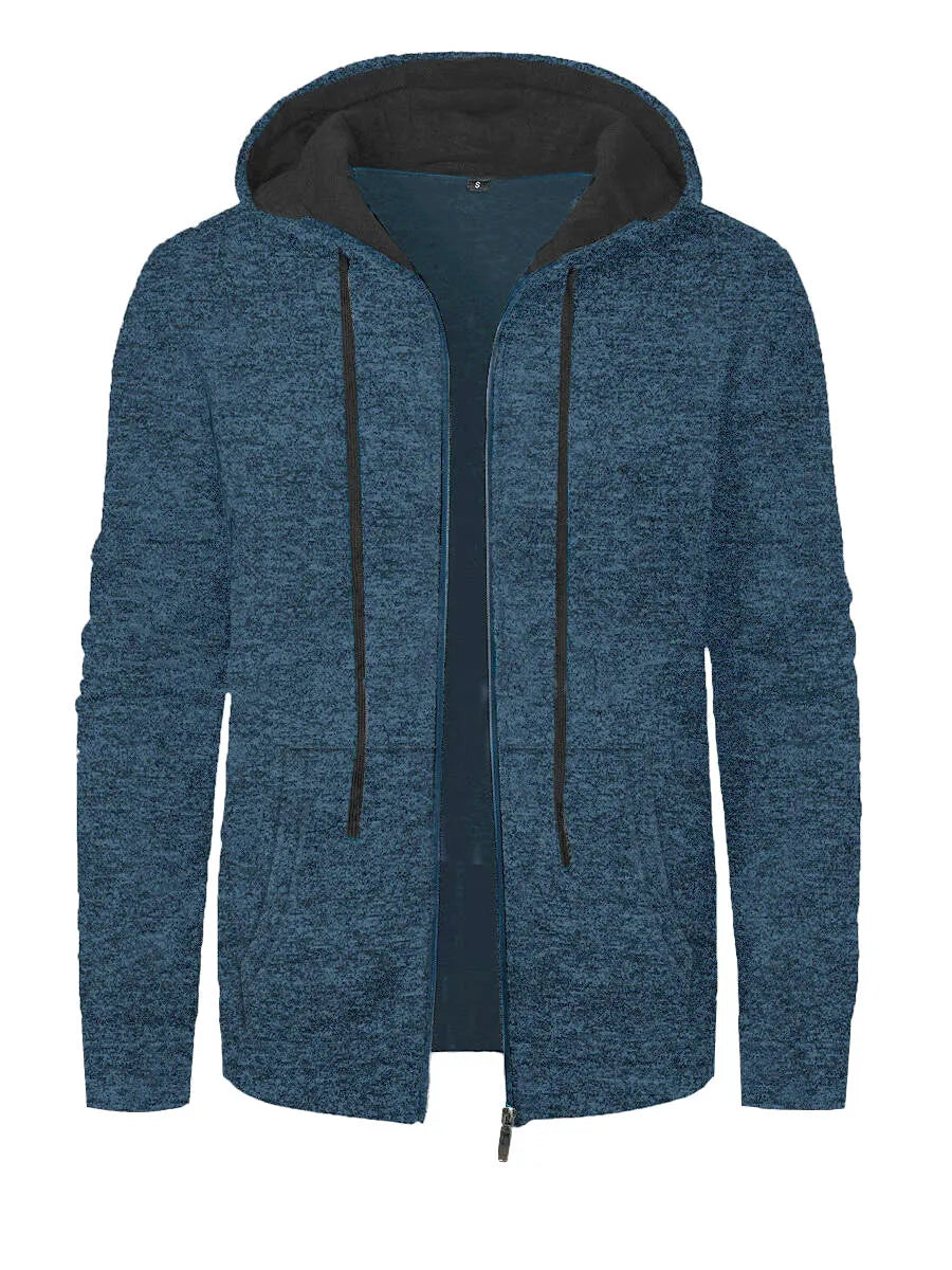 Men's loose fit polyester hooded cardigan coat in solid colour, long sleeves, casual sports style
