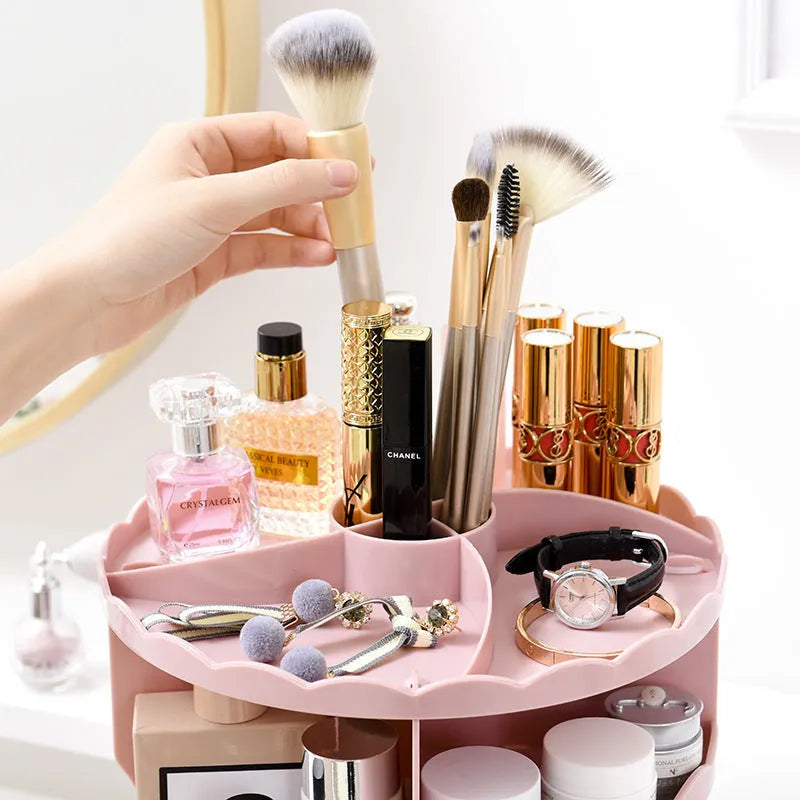 Multi-function cosmetics storage box, 360 rotating plastic makeup organizer, 23 x 30.5cm, pink white black transparent