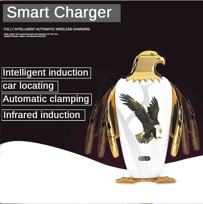 Wireless charging car phone holder with suction cup and Eagle style grip in black and gold.