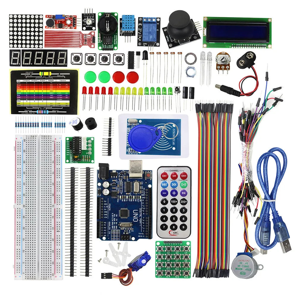 RFID upgraded Arduino starter kit with UNO R3 board, stepper motor, servo, breadboard, and modules