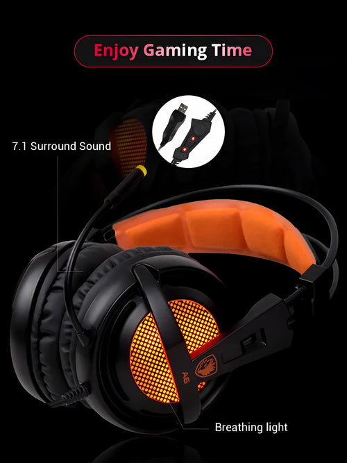 Black and white 7.1 USB gaming headset with LED lights on ear cups and padded headband.