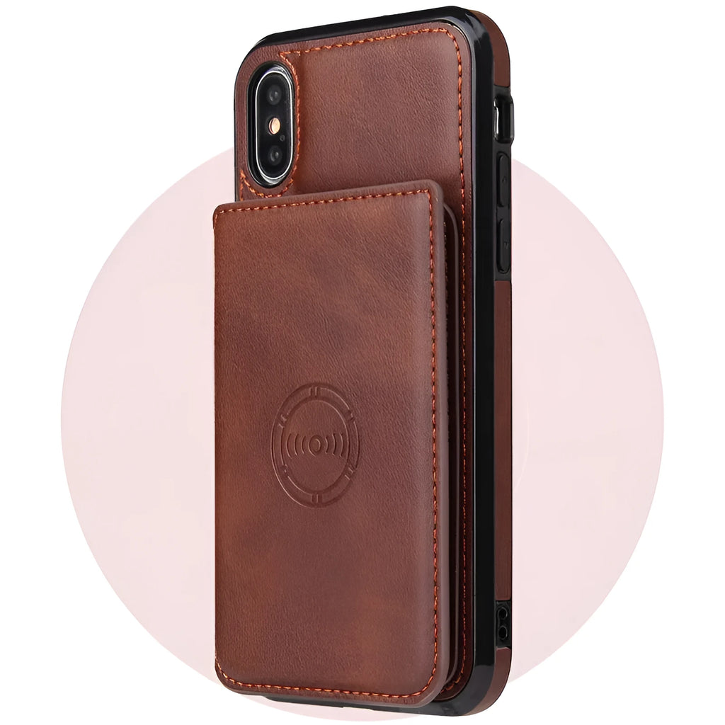 Imitation leather card wallet phone case for iPhone 11 in black, showing card slot on back.