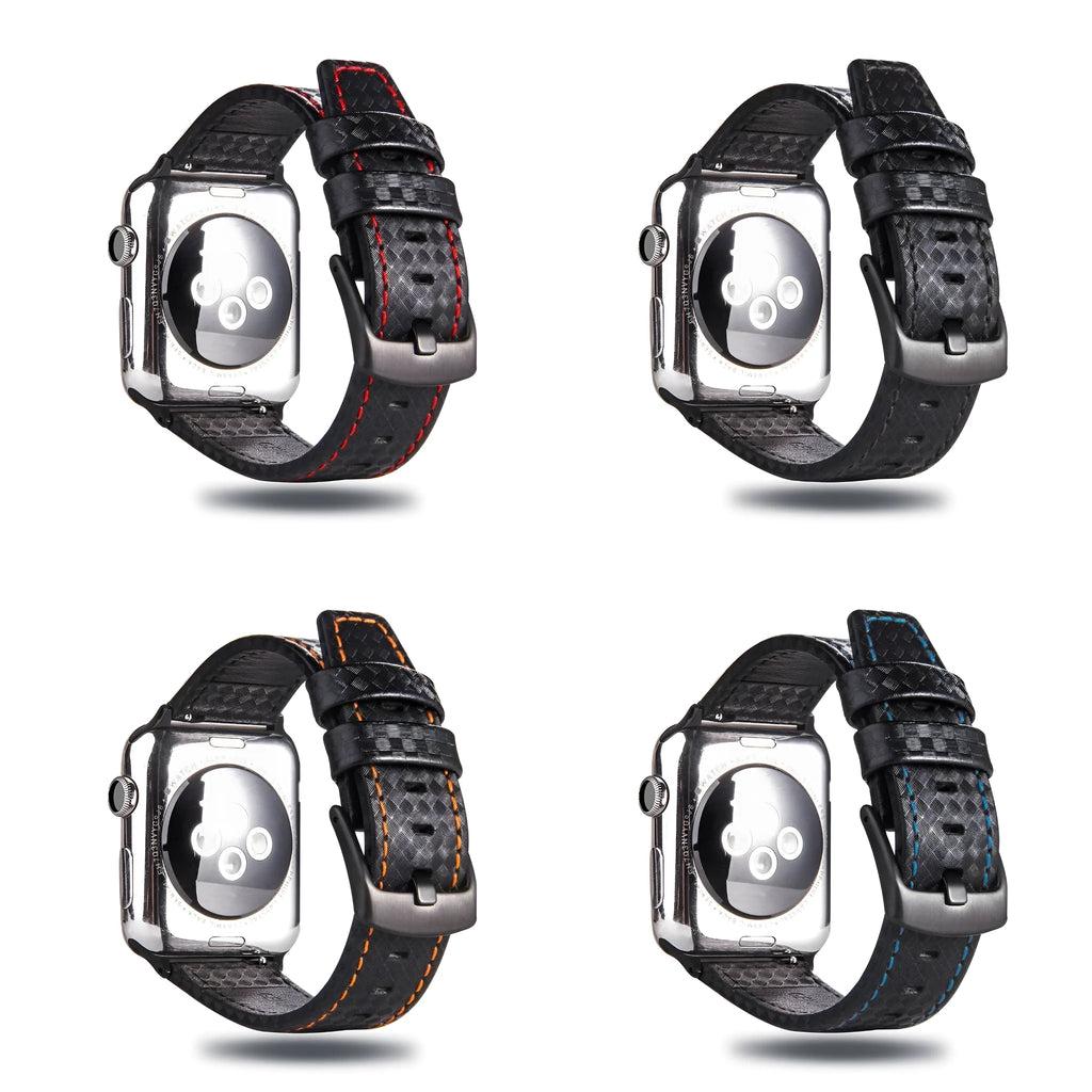 Carbon fibre and leather strap for iPhone watch with PC hard case in black, blue, orange, and red colour options.