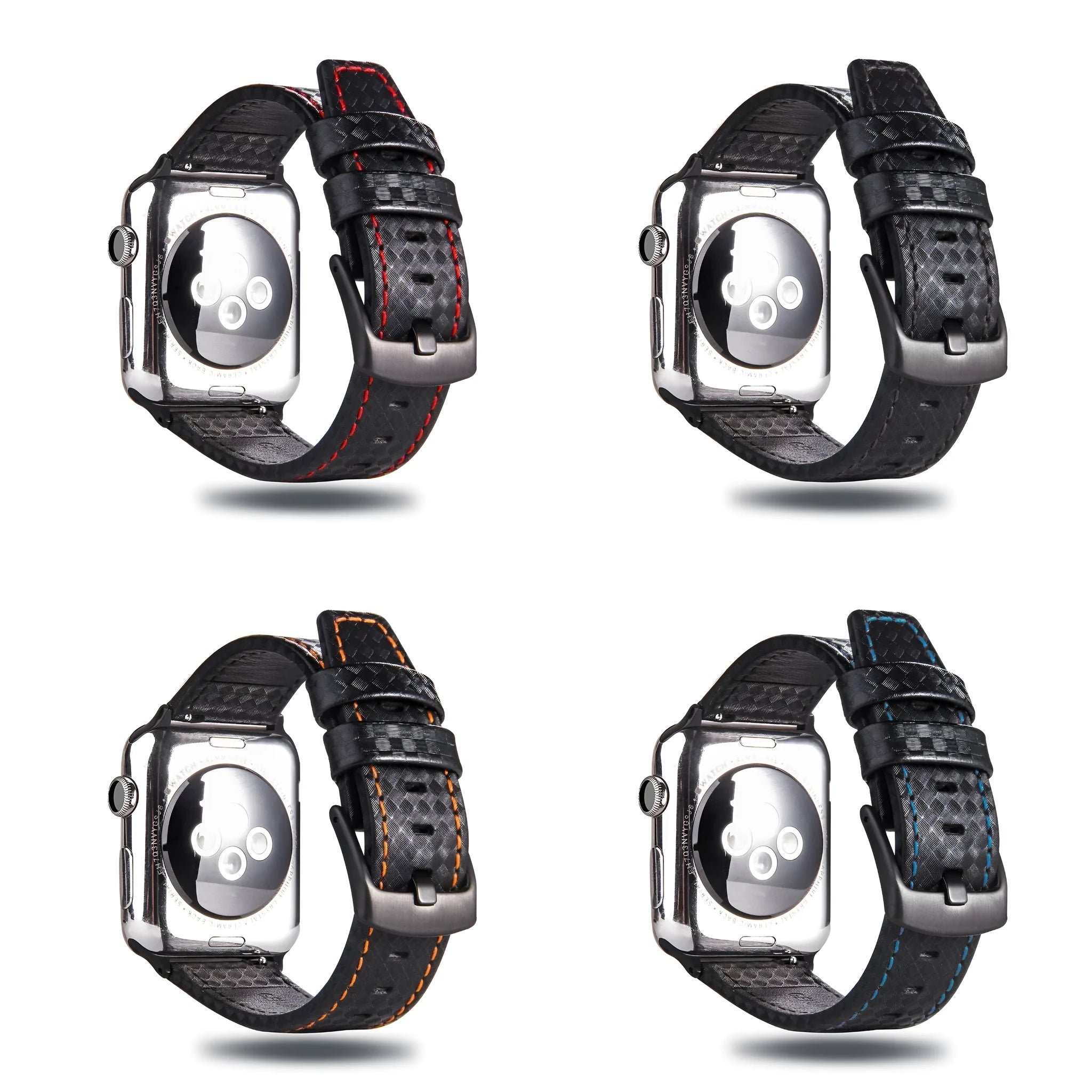 Carbon fibre and leather strap for iPhone watch with PC hard case in black, blue, orange, and red colour options.