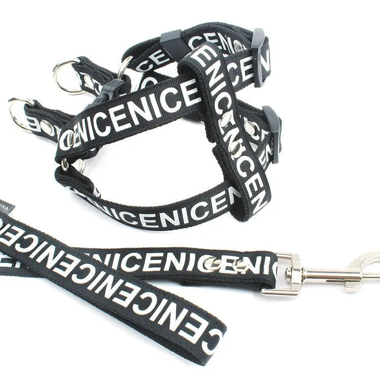 Casual polyester dog collar in black, red, or yellow with hand holding rope, sizes S M L