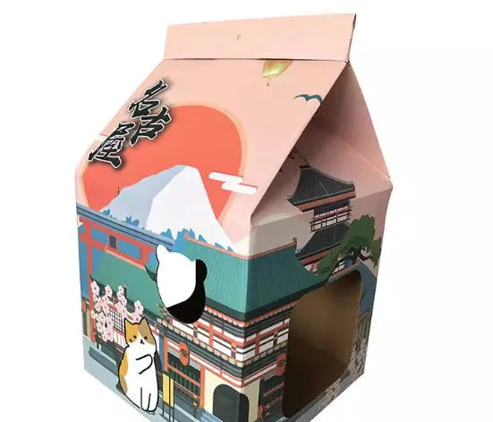 Foldable corrugated paper cat scratching board in Nagoya design, shown as both a flat pad and formed into a nest.