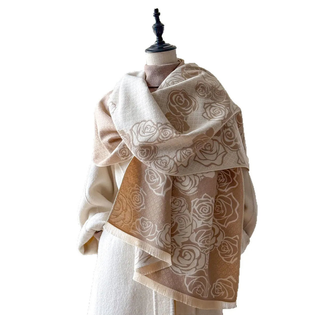 Imitation cashmere scarf with tassel trim in grey, black, blue, or khaki colours measuring 185cm by 65cm