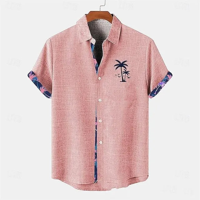 Women's loose-fit linen short sleeve shirt with a blue ocean fish pattern embroidered on the lapel.