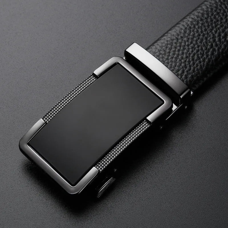 Men's automatic buckle leather belt in gun black, silver, or gold, showing the comfort click fastener and alloy buckle.