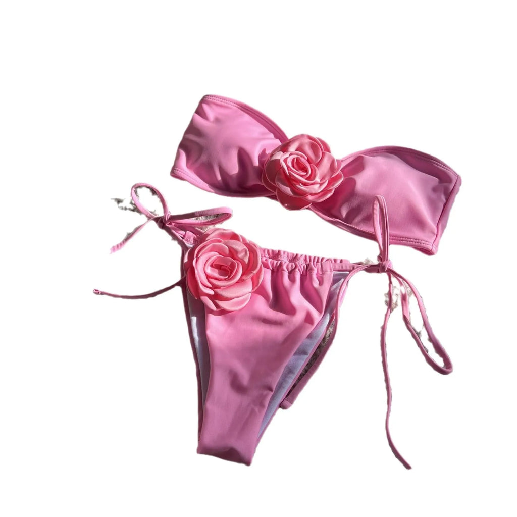 Rose red women's tube top bikini set with drawstring straps and solid colour split briefs.