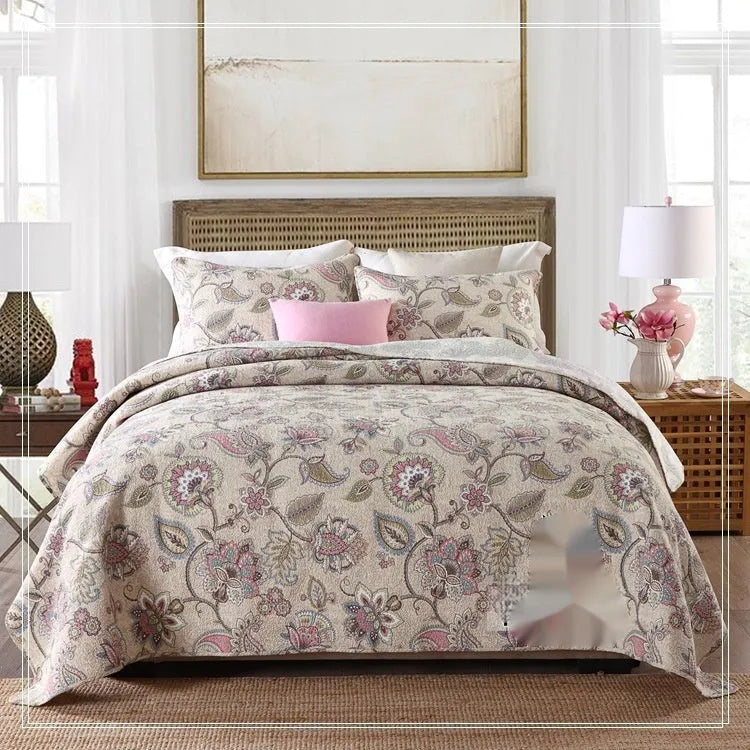 Pure cotton bedspread three-piece set with geometric pattern, showing bedcover and pillowcases.