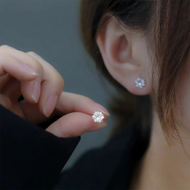 Snowflake ear stud earrings for women, copper electroplated silver colour, geometric zircon design