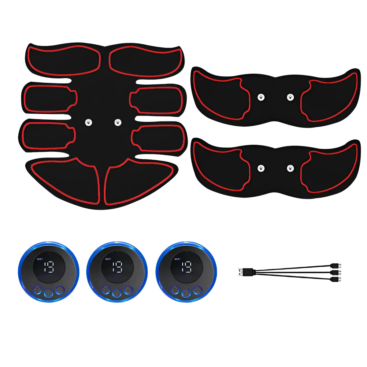 Three-piece abdominal muscle patch set with digital display and charging function in red, blue or yellow edge options