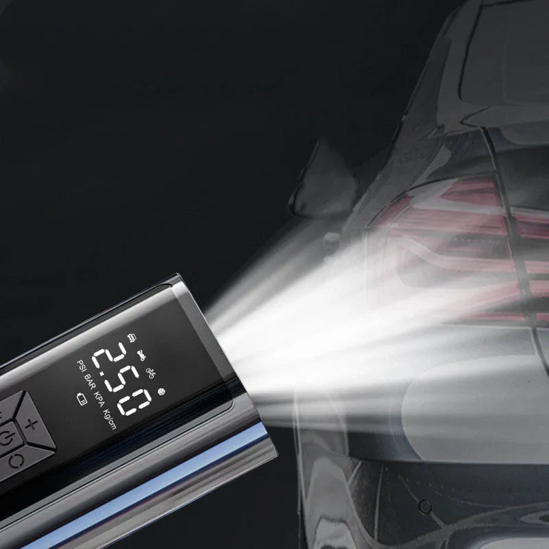 Portable wireless car tyre pump with digital display showing pressure reading