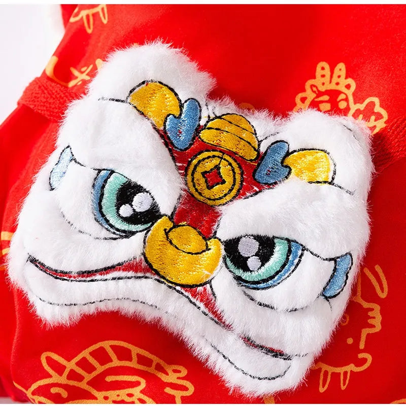 Lion dance pet jumpsuit in red with faux fur trim and leash ring, four-legged cotton jacket for dogs and cats.