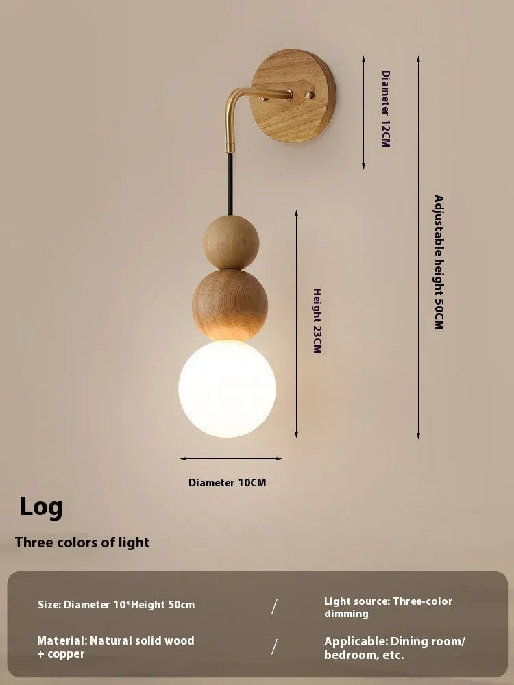 Circular wood and copper wall lamp with tricolour lighting, 10cm diameter