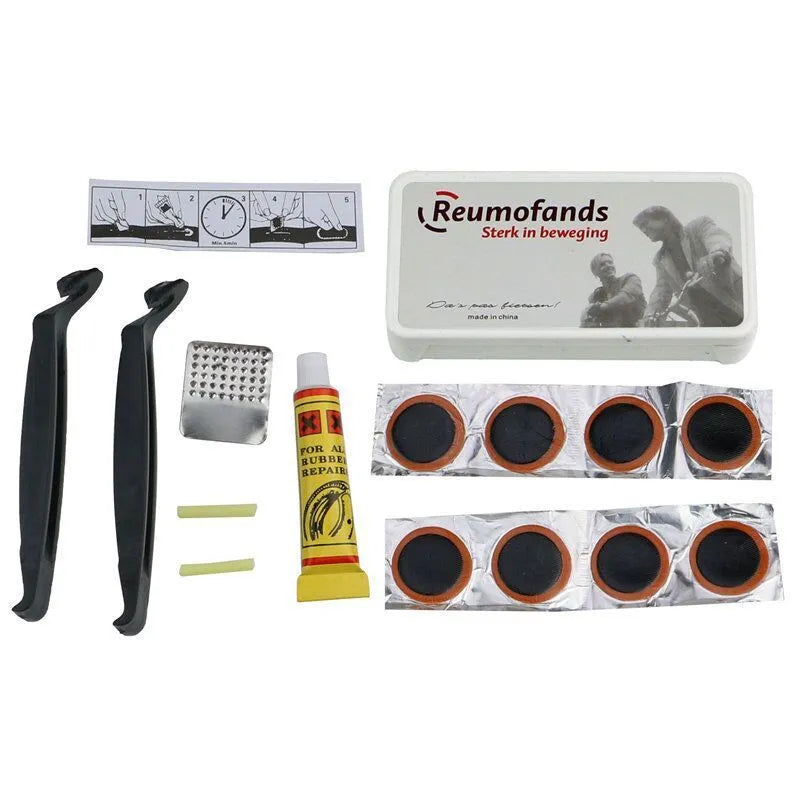 Bicycle saddle cushion with silicone padding and waterproof cover alongside wrench and patch kit