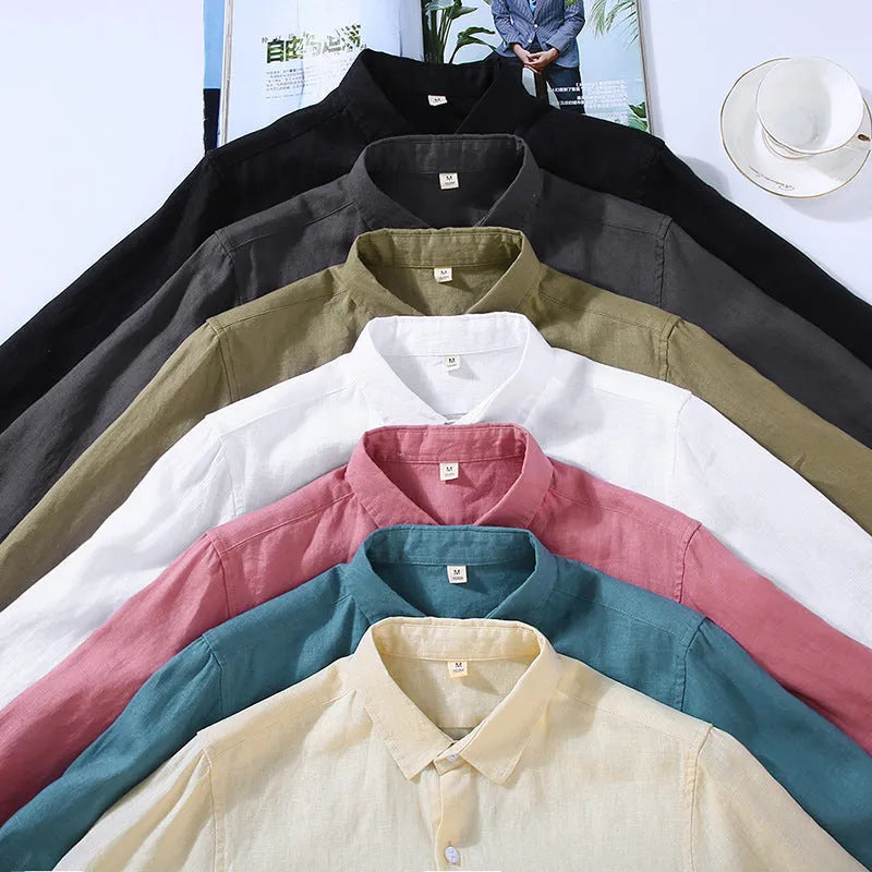 Men's linen shirt in simple cardigan style with long sleeves, solid colour design