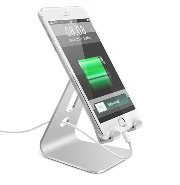 Universal aluminium alloy phone and tablet stand in black, red, rose gold, and silver colour options.