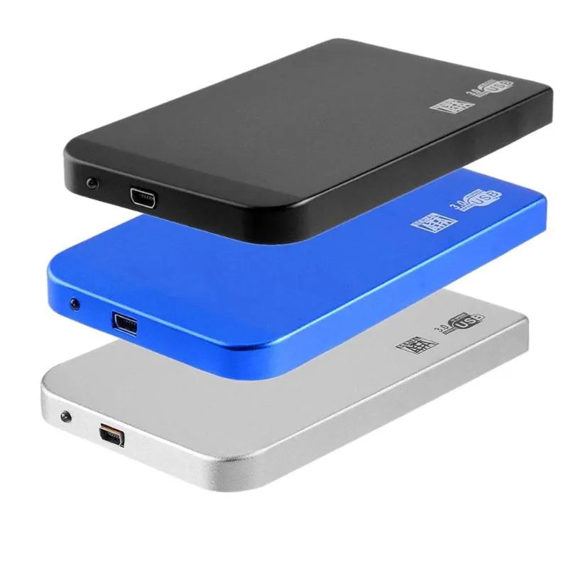 USB 3.0 aluminium hard drive enclosure for 2.5-inch SATA drives, 118 x 72 x 10mm, silver black blue