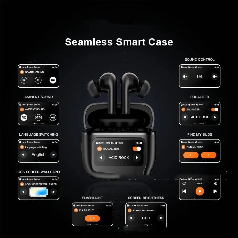 Wireless in-ear Bluetooth headset in black, silver or champagne with touch control, colour screen and 15 metre range