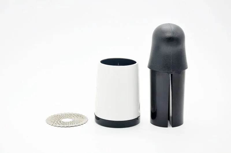 Stainless steel rotary cheese grater 17cm tall with black and white finish, hand crank and two blades