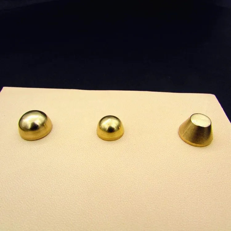 Brass decorative buckles in 10x6mm and 12x7mm sizes with round and geometric foot nail shapes