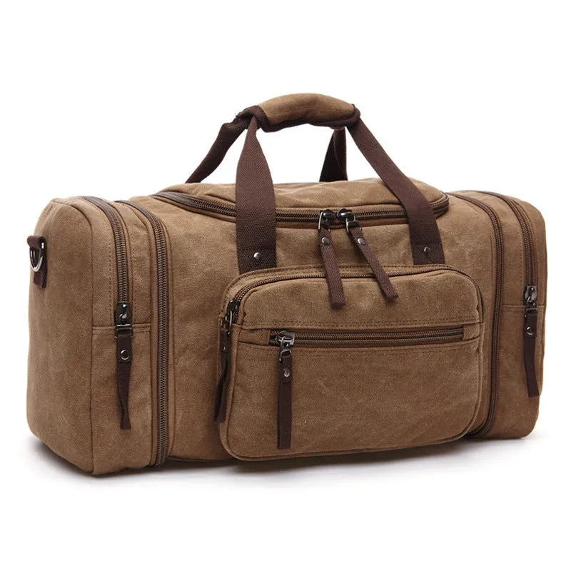 Canvas messenger backpack in khaki with zipper closure and multiple internal pockets