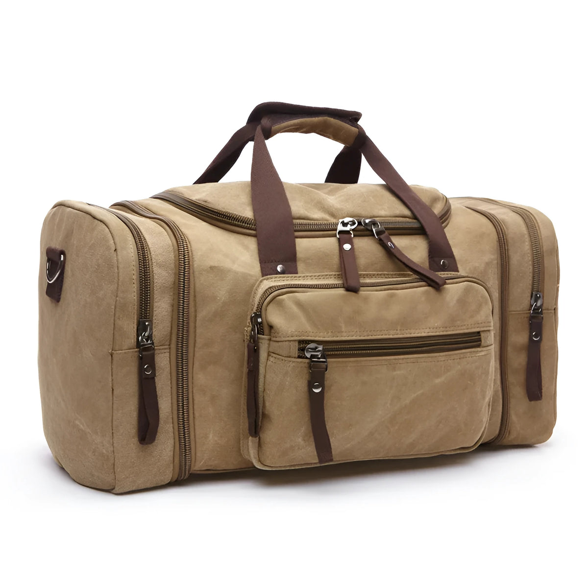 Canvas messenger backpack in khaki with zipper closure and multiple internal pockets