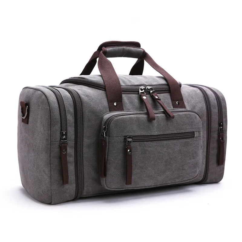 Canvas messenger backpack in khaki with zipper closure and multiple internal pockets
